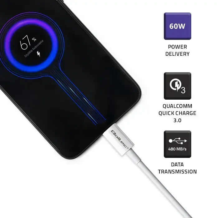 QOLTEC 52360 USB 2.0 Type C Kabelis USB 2.0 Type C 60W QC 3.0 PD 1.5m Baltas