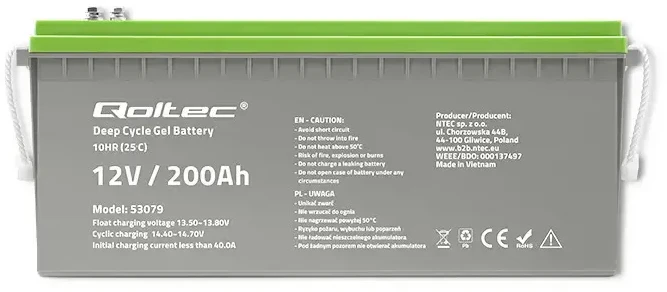 Qoltec Gilaus ciklo gelinis akumuliatorius | 12V | 200Ah | 62,5kg | Nereikalaujantis priežiūros | Profesionalus | Ilgo naudojimo | PV, UPS, kemperiams