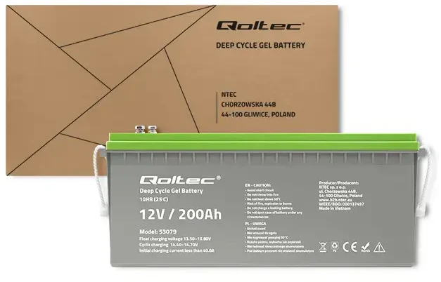 Qoltec Gilaus ciklo gelinis akumuliatorius | 12V | 200Ah | 62,5kg | Nereikalaujantis priežiūros | Profesionalus | Ilgo naudojimo | PV, UPS, kemperiams