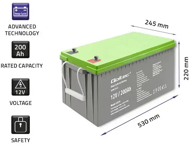 Qoltec Gilaus ciklo gelinis akumuliatorius | 12V | 200Ah | 62,5kg | Nereikalaujantis priežiūros | Profesionalus | Ilgo naudojimo | PV, UPS, kemperiams
