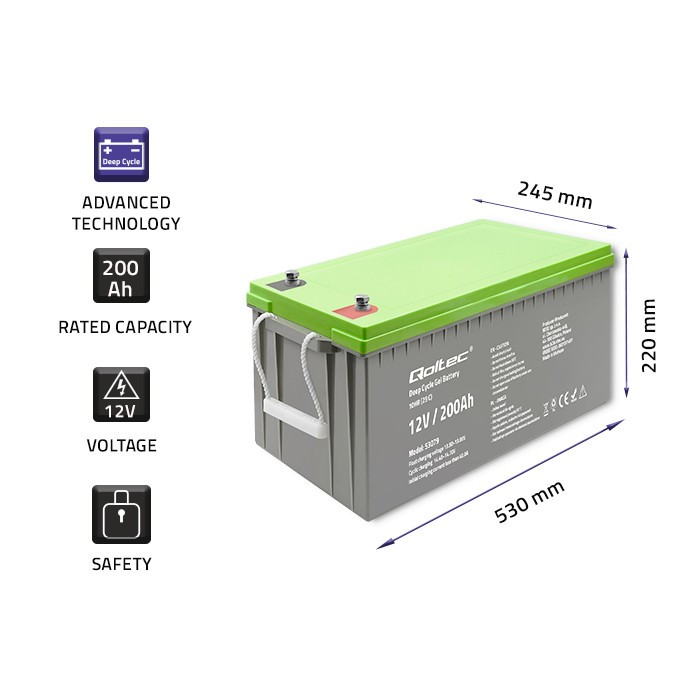 QOLTEC 53079 Deep Cycle Gel baterija 12V 200Ah