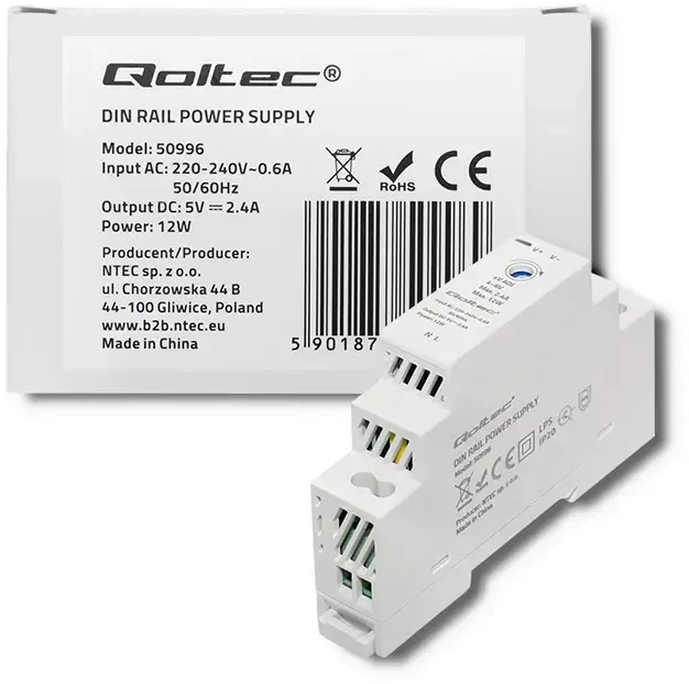 QOLTEC 50996 maitinimo šaltinis, montuojamas ant DIN bėgelio, 12 W, 5 V, 2,4 A