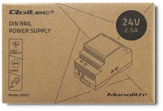 Qoltec DIN bėgio maitinimo šaltinis | 60W | 24V | 2,5A | Pilka