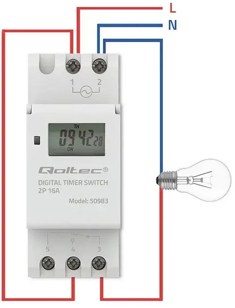 „Qoltec Elektroninis TIMER“ laikmatis DIN bėgeliui su įmontuota baterija | 7 dienų tvarkaraštis | 16 programų