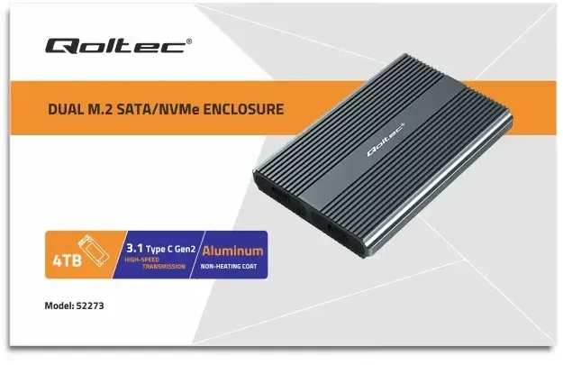 Qoltec korpusas M.2 SSD SATA NVMe USB-C DUAL 2 x 2TB