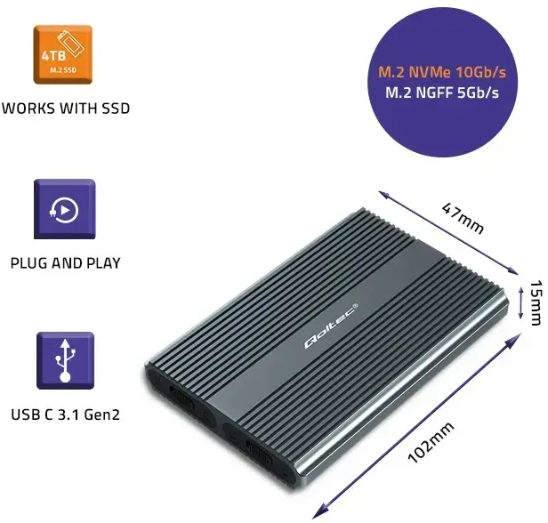 Qoltec korpusas M.2 SSD SATA NVMe USB-C DUAL 2 x 2TB