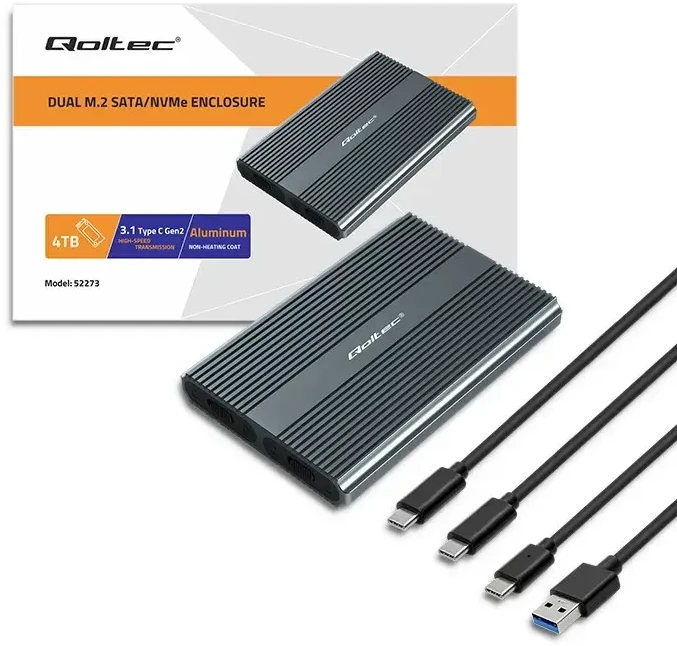 Qoltec korpusas M.2 SSD SATA NVMe USB-C DUAL 2 x 2TB