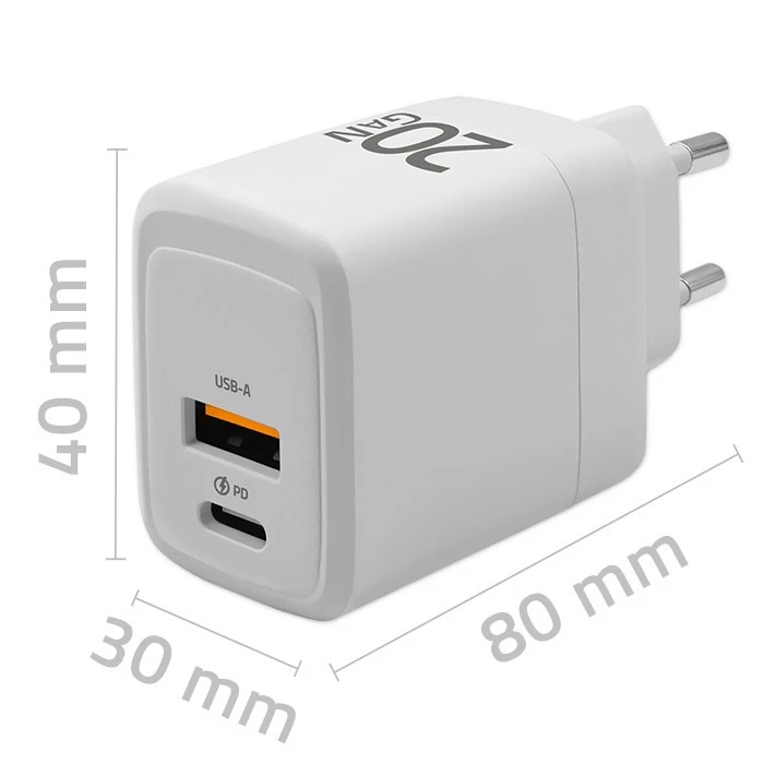 Adapteris Įkroviklis tinklo 20w gan 5-20v 1.5-3a 1 x usb-c pd usb qc 3.0 baltas Qoltec