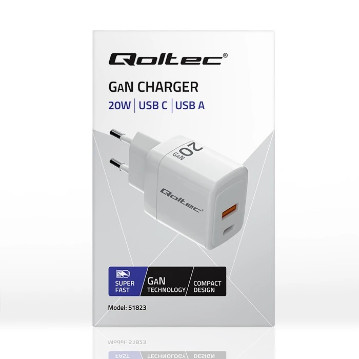 Adapteris Įkroviklis tinklo 20w gan 5-20v 1.5-3a 1 x usb-c pd usb qc 3.0 baltas Qoltec