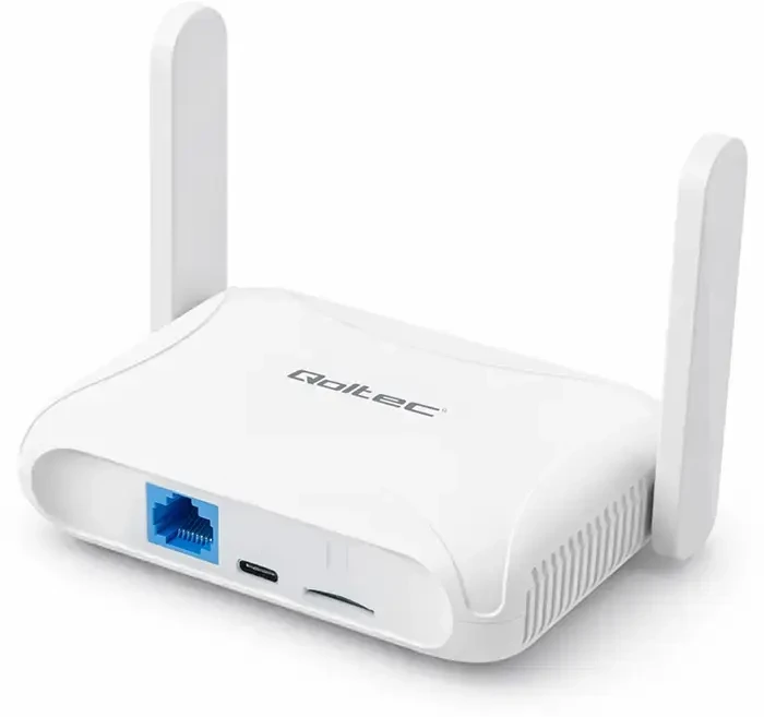 „Qoltec 56980 Home & Travel“ 4G LTE maršrutizatorius su „Wi-Fi 6“ | AX300 | 2,4 GHz | Dviguba antena | USB-C | Micro SIM