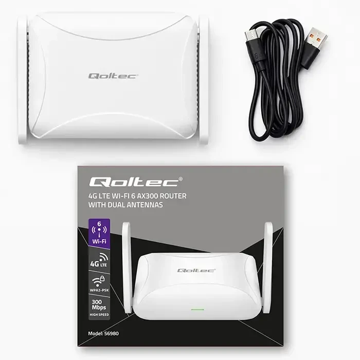 „Qoltec 56980 Home & Travel“ 4G LTE maršrutizatorius su „Wi-Fi 6“ | AX300 | 2,4 GHz | Dviguba antena | USB-C | Micro SIM