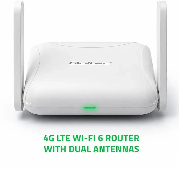 „Qoltec 56980 Home & Travel“ 4G LTE maršrutizatorius su „Wi-Fi 6“ | AX300 | 2,4 GHz | Dviguba antena | USB-C | Micro SIM