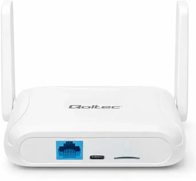 „Qoltec 56980 Home & Travel“ 4G LTE maršrutizatorius su „Wi-Fi 6“ | AX300 | 2,4 GHz | Dviguba antena | USB-C | Micro SIM