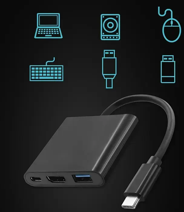 Qoltec 3-in-1 šakotuvas USB-C į USB 3.0 | HDMI | USB-C | 100W