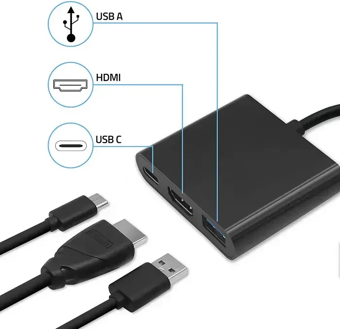 Qoltec 3-in-1 šakotuvas USB-C į USB 3.0 | HDMI | USB-C | 100W