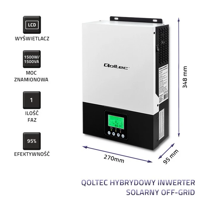 QOLTEC 53875 hibridinis saulės energijos keitiklis išjungtas iš tinklo 1,5 kW 80A MPPT sinusas