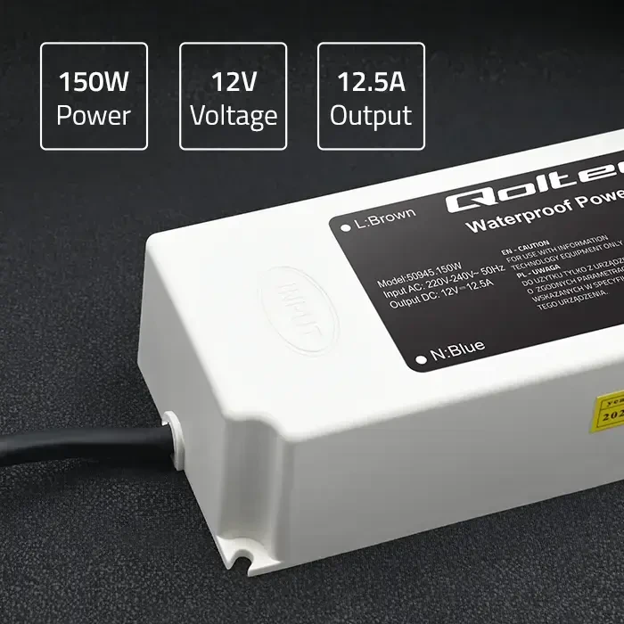 Qoltec Maitinimo šaltinis impulsinis LED IP67 | 150W | 12V | 12,5A | Atsparus vandeniui | Baltas