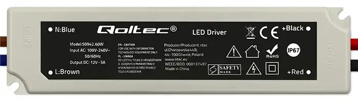 QOLTEC 50942 Qoltec Impulse maitinimo šaltinis | IP67 | 100V-240V | 60W | 12V | 5A