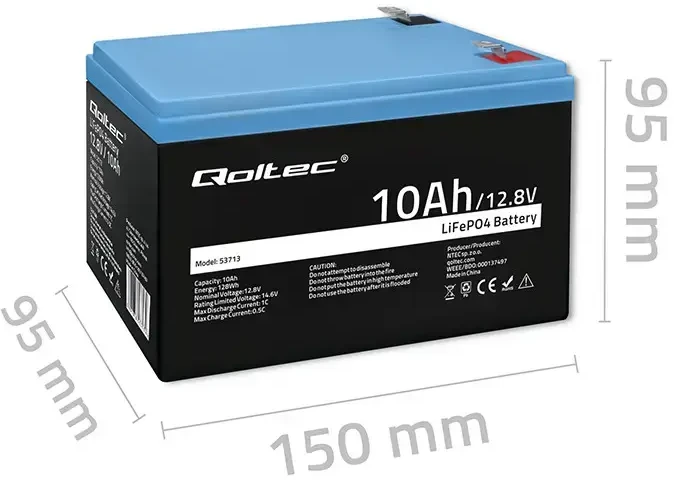Qoltec LiFePO4 12,8V akumuliatorius su matmenimis