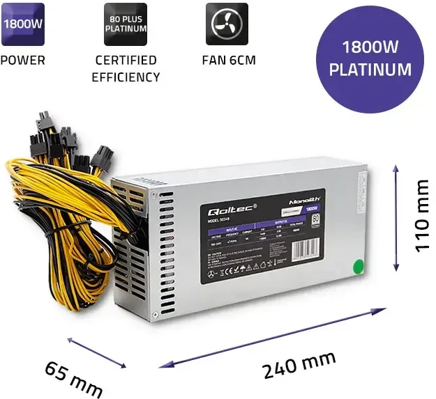 QOLTEC 50349 PCI-E 1800 W maitinimo šaltinis 80 Plus Platinum Game Miner