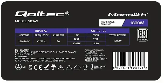 QOLTEC 50349 PCI-E 1800 W maitinimo šaltinis 80 Plus Platinum Game Miner