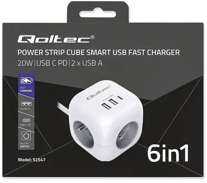 Maitinimo 6v1 prailginimo kubas su apšviestu jungikliu Qoltec 3x AC 2x USB 1x USB-C PD 20W baltas kabelis 2 m
