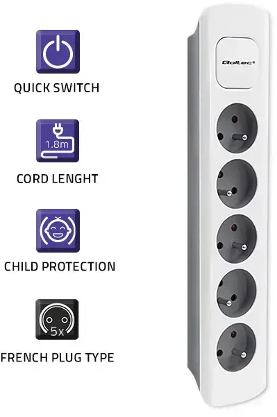 QOLTEC 50296 Power strip 5 sockets 1.8m Baltas pilkas