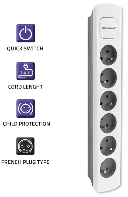 QOLTEC 50297 Maitinimo juosta 6 lizdai 1,8 m Balta pilka