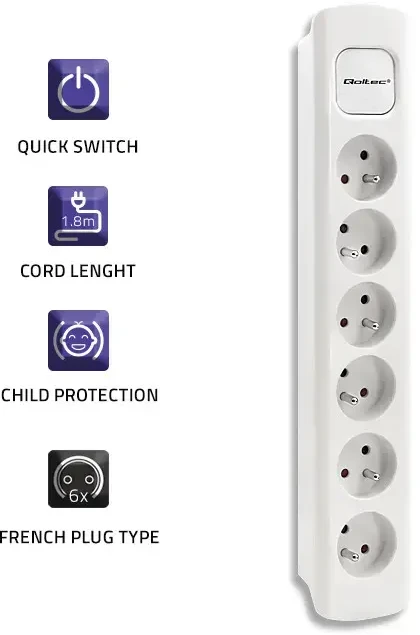 QOLTEC 50278 Maitinimo juosta 6 lizdai 1,8m Baltas