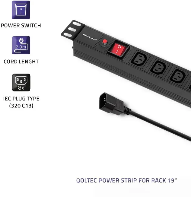 QOLTEC 53998 Apsauga nuo viršįtampių Qoltec skirta RACK 19 1U 10A PDU 8xIEC C13 2m