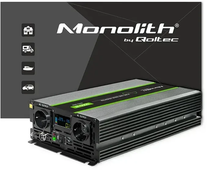 Qoltec Monolith įtampos keitiklis | 3000W | 6000W | 24V į 230V | gryna sinusinė banga | LCD