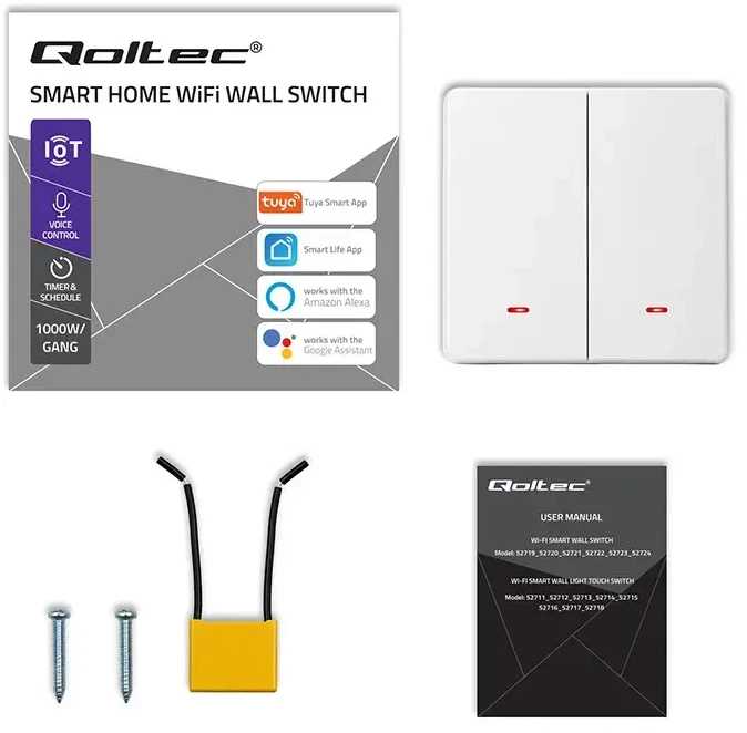 Qoltec 52706 Smart 2-Gang Light Switch | Wi-Fi | Timer | Tuya | Smart life | Baltas