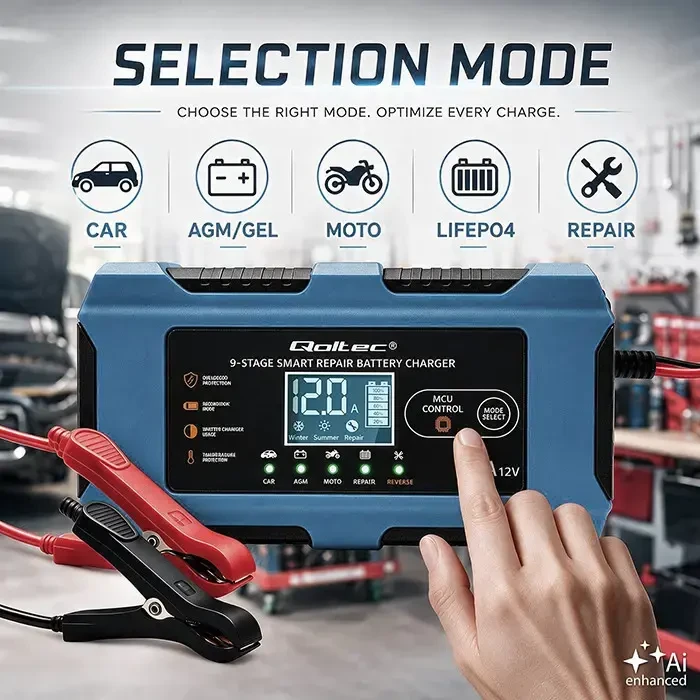 Qoltec Inteligentna kroviklis 12V 10A | Prostownik su funkcija naprawy | MCU | Auto OFF | 9-stopniowe ładowanie | AGM GEL LiFePO4