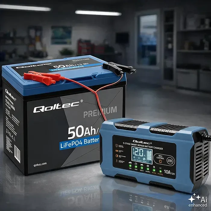 Qoltec Inteligentna kroviklis 12V 10A | Prostownik su funkcija naprawy | MCU | Auto OFF | 9-stopniowe ładowanie | AGM GEL LiFePO4