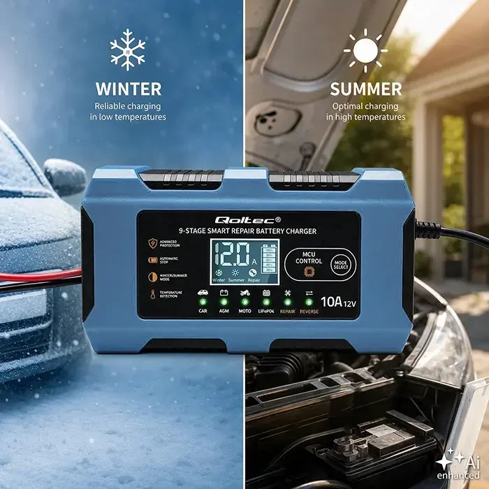 Qoltec Inteligentna kroviklis 12V 10A | Prostownik su funkcija naprawy | MCU | Auto OFF | 9-stopniowe ładowanie | AGM GEL LiFePO4