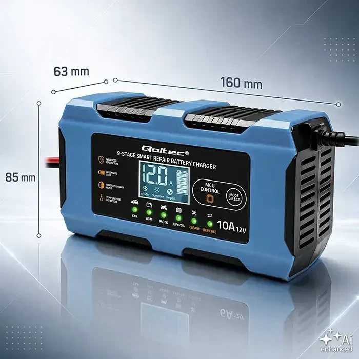 Qoltec Inteligentna kroviklis 12V 10A | Prostownik su funkcija naprawy | MCU | Auto OFF | 9-stopniowe ładowanie | AGM GEL LiFePO4