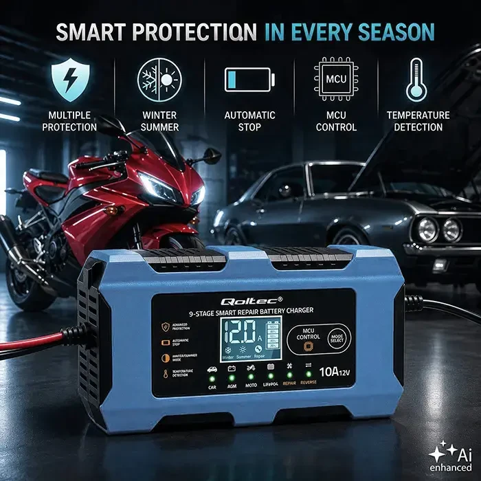 Qoltec Inteligentna kroviklis 12V 10A | Prostownik su funkcija naprawy | MCU | Auto OFF | 9-stopniowe ładowanie | AGM GEL LiFePO4
