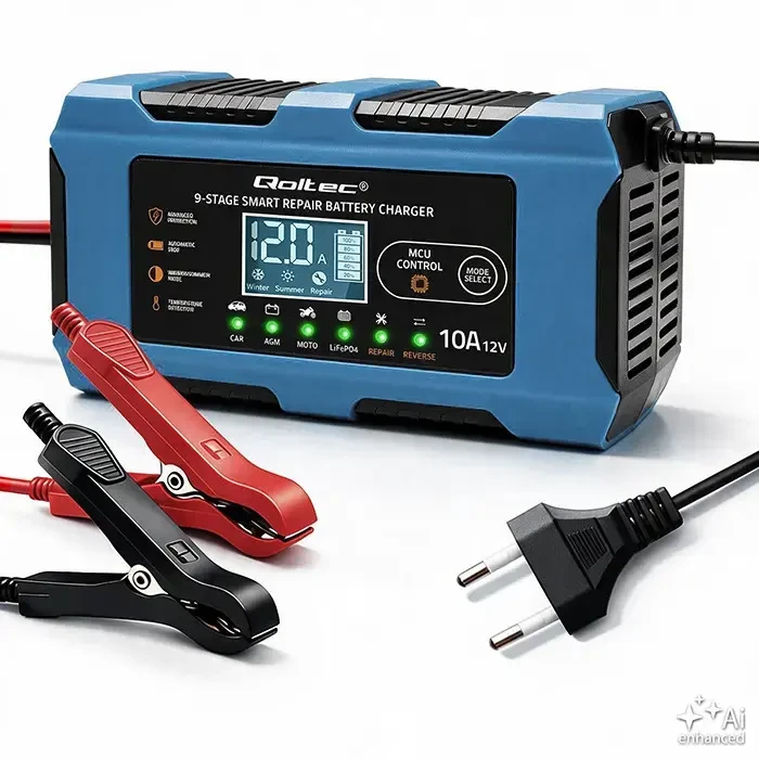 Qoltec Inteligentna kroviklis 12V 10A | Prostownik su funkcija naprawy | MCU | Auto OFF | 9-stopniowe ładowanie | AGM GEL LiFePO4