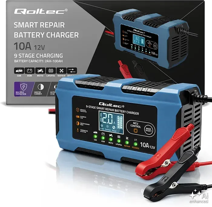 Qoltec Inteligentna kroviklis 12V 10A | Prostownik su funkcija naprawy | MCU | Auto OFF | 9-stopniowe ładowanie | AGM GEL LiFePO4