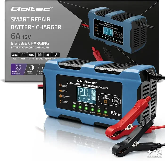 Qoltec Inteligentna kroviklis 12V 6A | Prostownik su funkcija naprawy | MCU | Auto OFF | 9-stopniowe ładowanie | AGM GEL LiFePO4