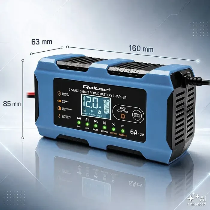 Qoltec Inteligentna kroviklis 12V 6A | Prostownik su funkcija naprawy | MCU | Auto OFF | 9-stopniowe ładowanie | AGM GEL LiFePO4