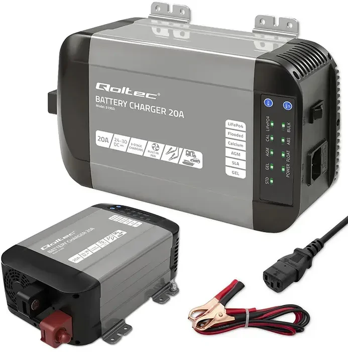 Qoltec Intelligent kroviklis Monolith LiFePO4 AGM GEL SLA akumuliatoriams | 20A | 24V