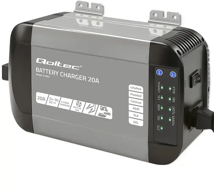Qoltec Intelligent kroviklis Monolith LiFePO4 AGM GEL SLA akumuliatoriams | 20A | 24V