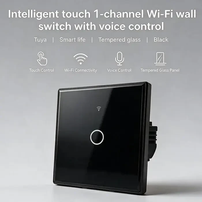 Qoltec 52711 Smart Touch 1-Gang Light Switch | Wi-Fi | Timer | Tuya | Smart Life | Tempered Glass | Juodas