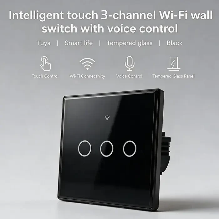 Qoltec Inteligentny dotykowy 3-kanałowy jungiklis wyłącznik światła | Wi-Fi | Timer | Tuya | Smart life | Hartowane szkło | Juodas