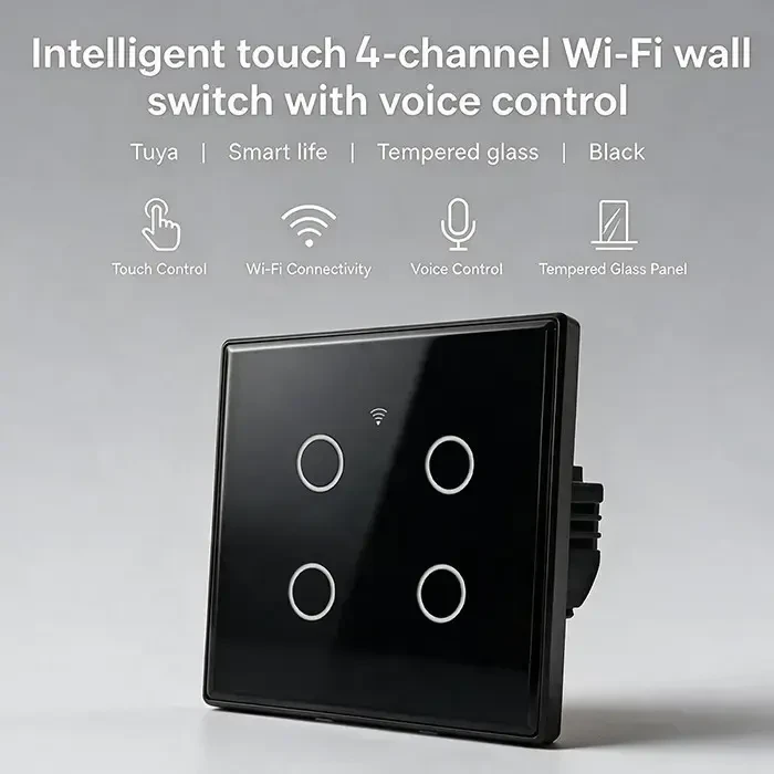 Qoltec Protingas 4 kanalų liečiamasis jungiklis šviesos išjungimui | Wi-Fi | Laikmatis | Tuya | Smart life | Grūdintas stiklas | Juodas