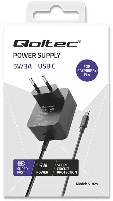 Qoltec Super FAST PD įkroviklis Raspberry PI 4 USB-C 15W 5V 3A juodas