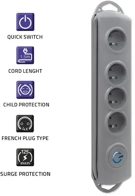 QOLTEC 50163 Apsaugos nuo viršįtampių Quick Switch 4 lizdai pilka 1,5m