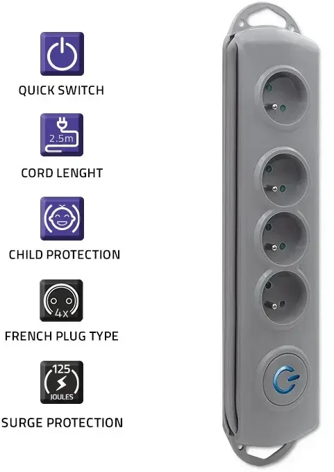 QOLTEC 50164 Apsaugos nuo viršįtampių Quick Switch 4 lizdai pilka 2,5m