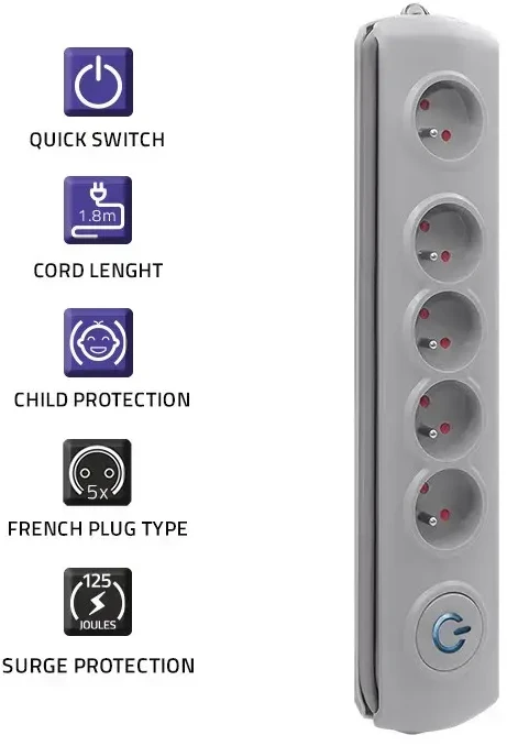 QOLTEC Apsauga nuo viršįtampių Quick Switch 5 lizdai 1.8m pilka